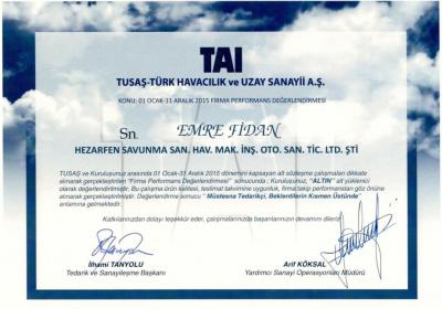 Altın Tedarikçi Sertifikası - 2015